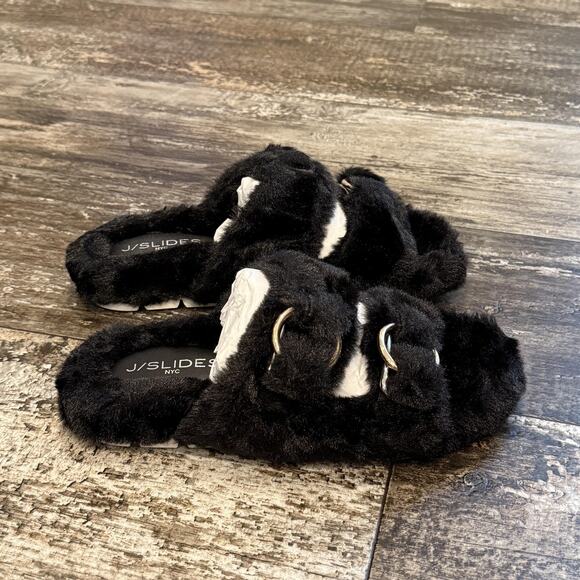J/Slides NYC Shoes Womens Size 8 Black Faux Fur Bree Double Strap Slides NEW - Picture 9 of 11